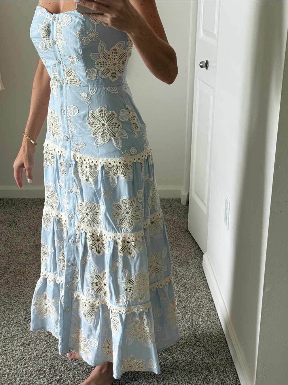 Guess Light Blue Floral Crochet Tiered Maxi Dress